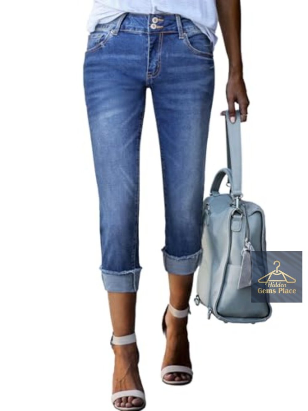 High Waisted Skinny Capri Jeans Frayed Hem Cropped Cotton Blend